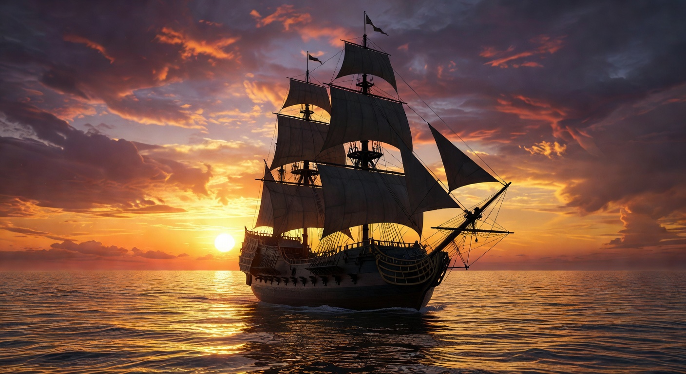 Majestic pirate ship silhouetted against a golden ocean sunset